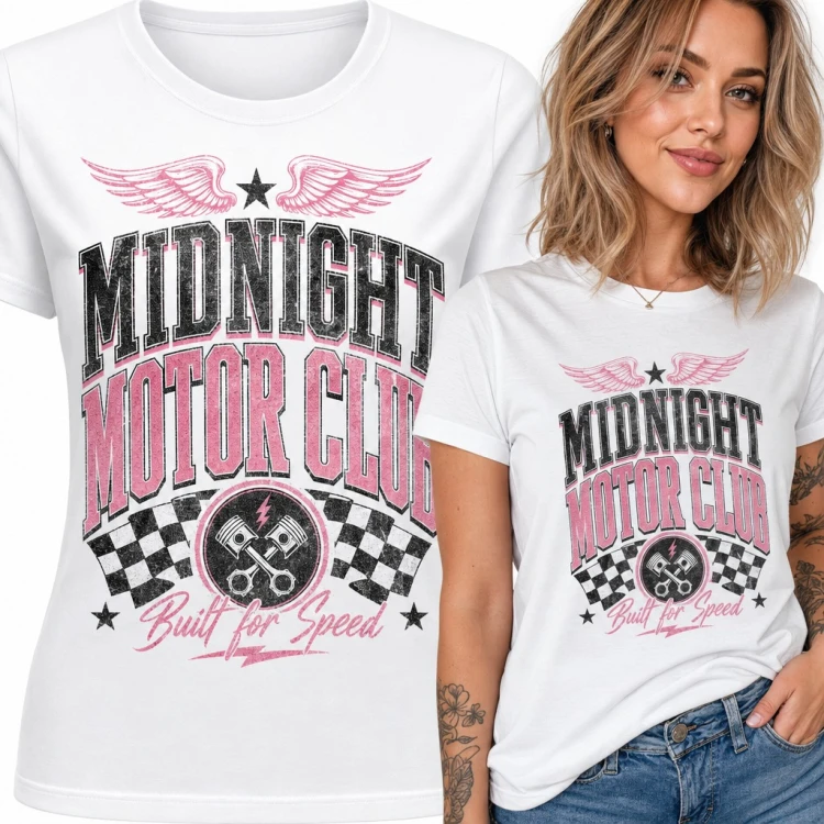 Koszulka damska „Midnight Motor Club” - retro tłoki i flagi wyścigowe