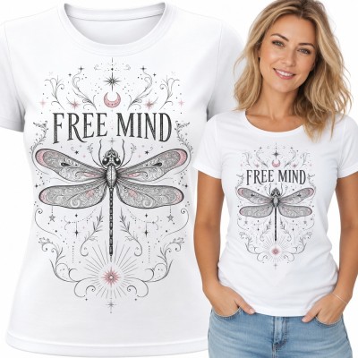 Koszulka damska „Free mind” - ważka boho z półksiężycem i gwiazdami