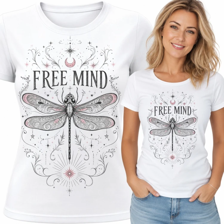Koszulka damska „Free mind” - ważka boho z półksiężycem i gwiazdami