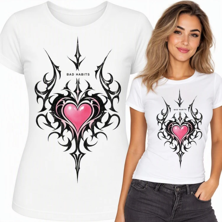 Koszulka damska „Bad habits” - różowe serce w ornamencie tribal