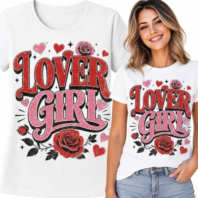 Koszulka damska „Lover Girl” - retro napis z czerwonymi różami i sercami