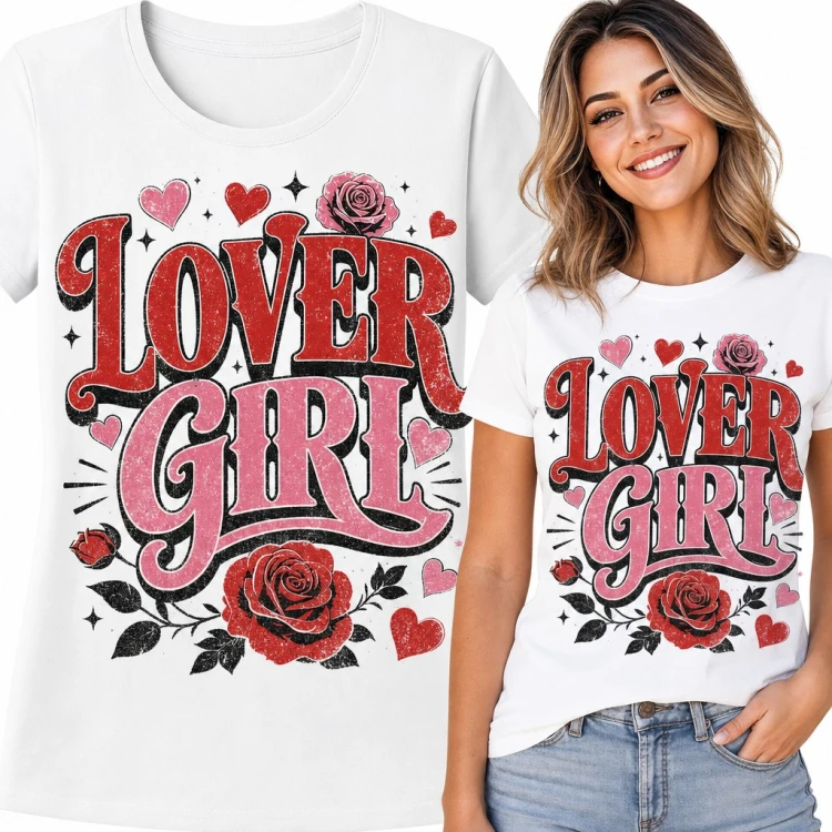 Koszulka damska „Lover Girl” - retro napis z czerwonymi różami i sercami
