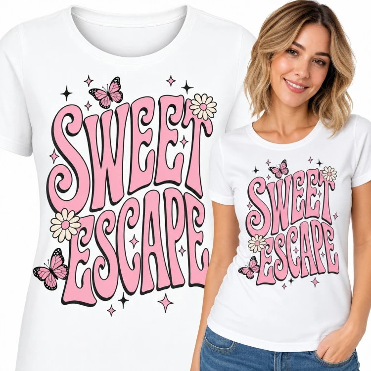 Koszulka damska „Sweet Escape” - retro napis groovy z motylami i stokrotkami