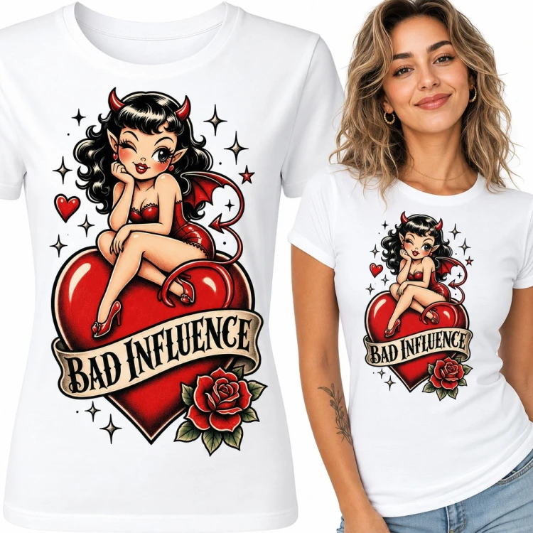 Koszulka damska z diablicą pin-up na sercu „Bad Influence” w stylu tattoo