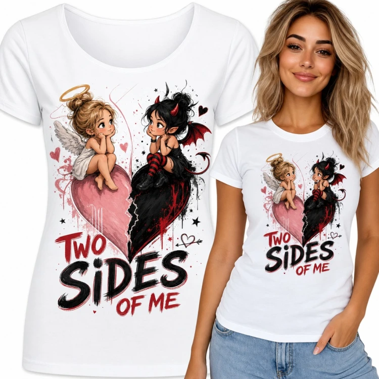 Koszulka damska aniołek i diablica na pękniętym sercu „Two sides of me”