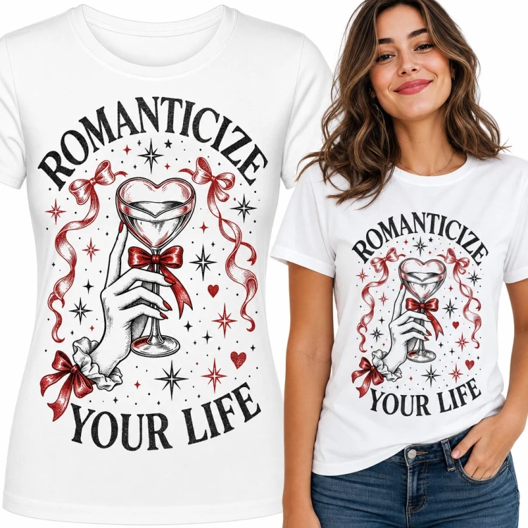 Koszulka damska „Romanticize your life” - kieliszek w kształcie serca i czerwone kokardy