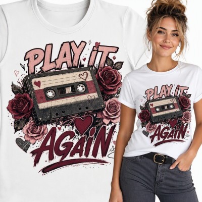 Koszulka damska z kasetą retro i różami „Play it again”