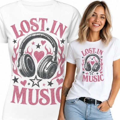 Koszulka damska „Lost in Music” - retro słuchawki w różowych płomieniach