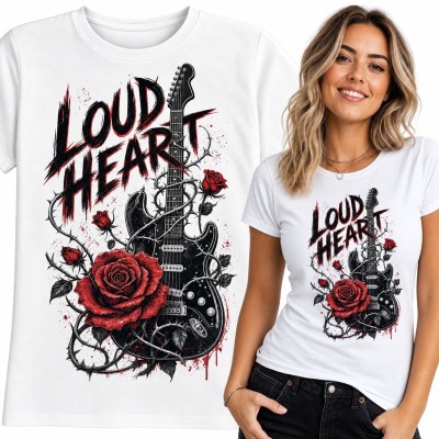 Koszulka damska „Loud Heart” - czarna gitara w cierniach i czerwonych różach