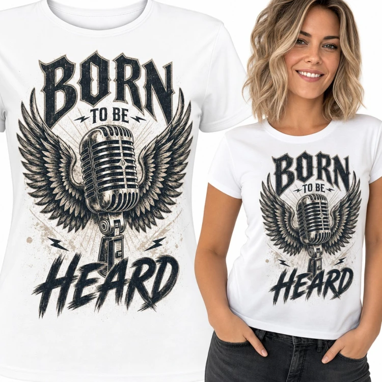 Koszulka damska z mikrofonem retro i skrzydłami „Born to be heard” dla wokalistki