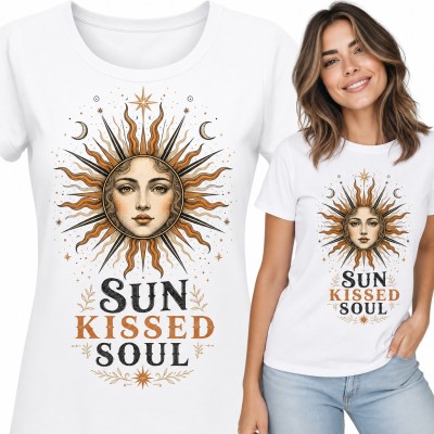 Koszulka damska słońce z twarzą boho „Sun Kissed Soul”