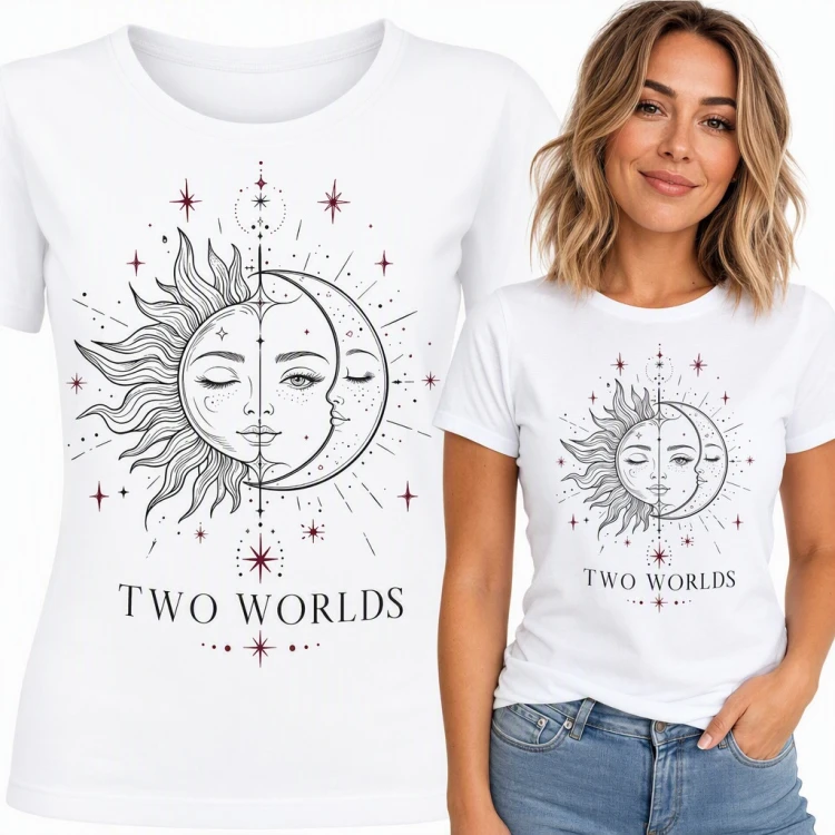 Koszulka damska „Two Worlds” - słońce i księżyc z kobiecą twarzą
