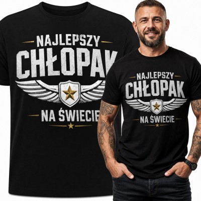 Koszulka męska „Najlepszy chłopak na świecie” - nadruk z odznaką