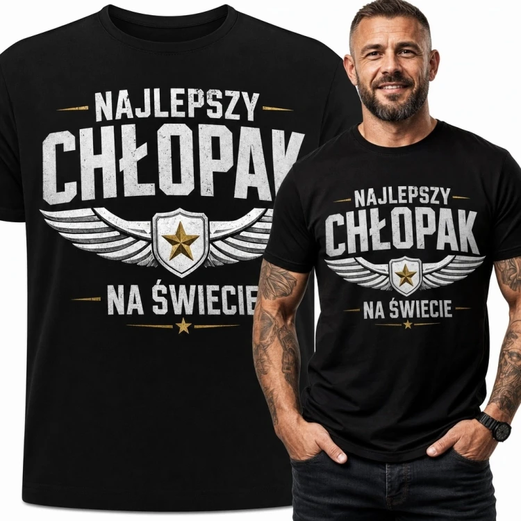 Koszulka męska „Najlepszy chłopak na świecie” - nadruk z odznaką