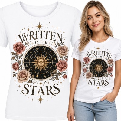Koszulka damska „Written in the stars” - koło zodiaku ze słońcem i różami