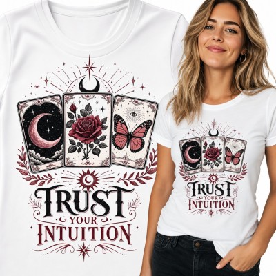 Koszulka damska z kartami tarota „Trust your intuition” - księżyc, róża i motyl