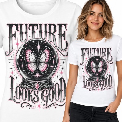 Koszulka damska z motylem w kryształowej kuli „Future looks good”