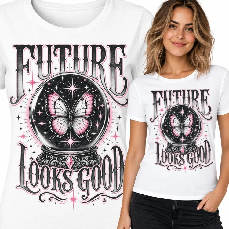 Koszulka damska z motylem w kryształowej kuli „Future looks good”