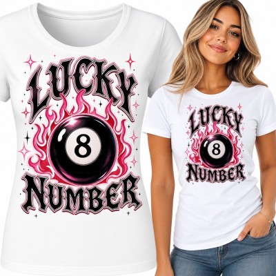 Koszulka damska „Lucky Number” - bila 8 w różowych płomieniach