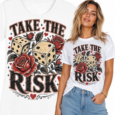 Koszulka damska kości do gry i czerwone róże „Take the risk” w stylu tattoo