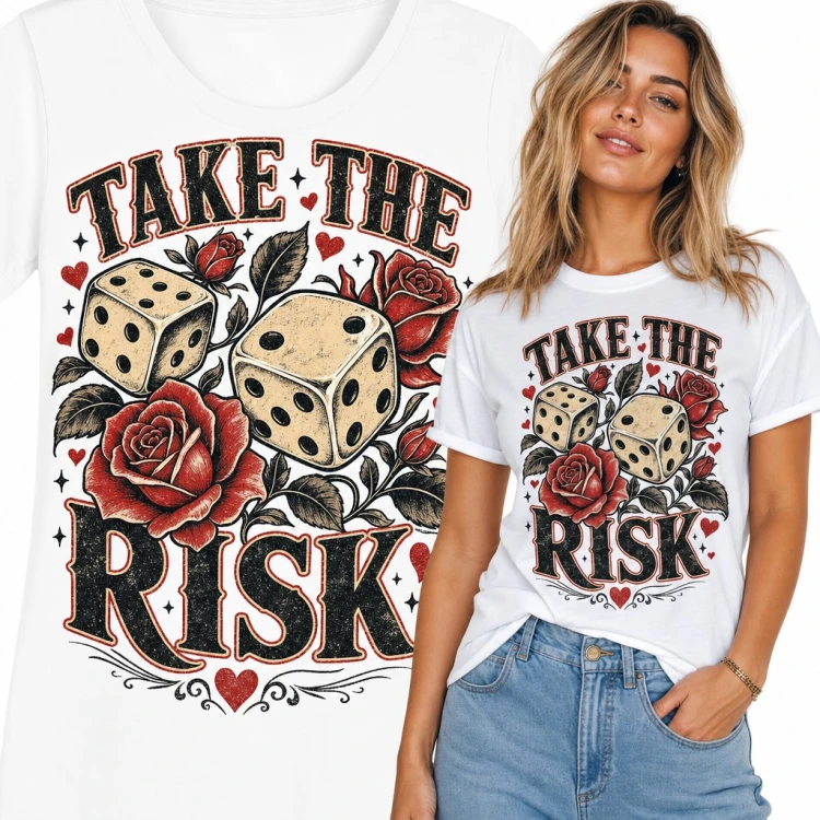 Koszulka damska kości do gry i czerwone róże „Take the risk” w stylu tattoo