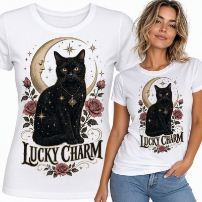 Koszulka damska z czarnym kotem na tle księżyca i róż „Lucky Charm”