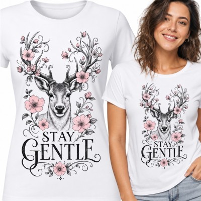 Koszulka damska z jeleniem w kwiatach „Stay gentle”