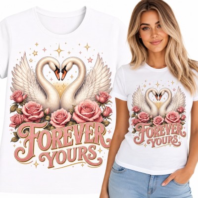 Koszulka damska „Forever Yours” - łabędzie tworzące serce wśród róż