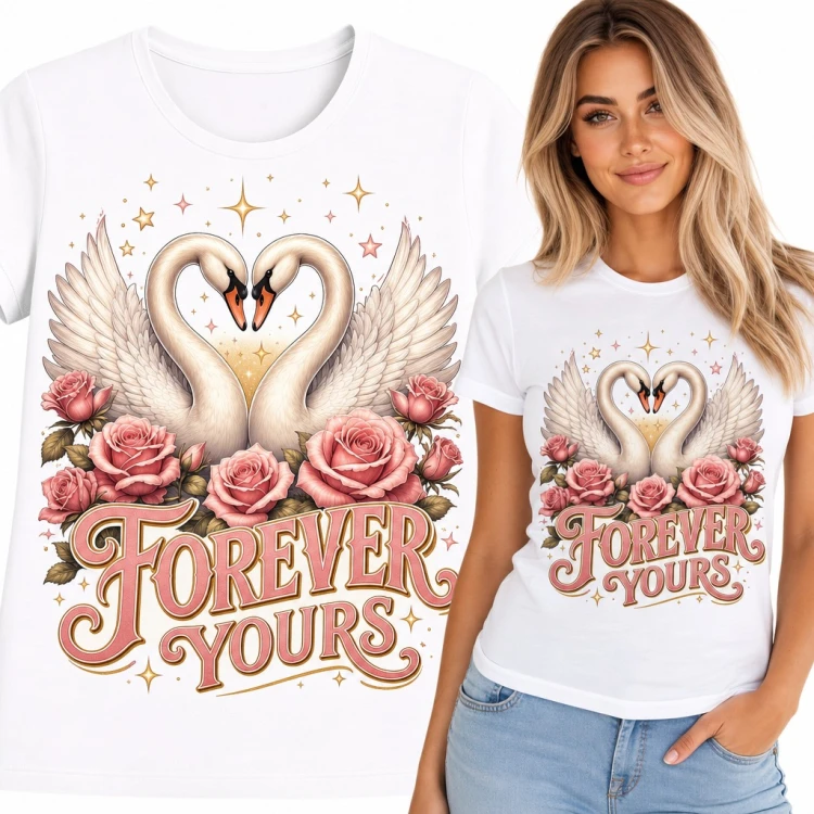 Koszulka damska „Forever Yours” - łabędzie tworzące serce wśród róż