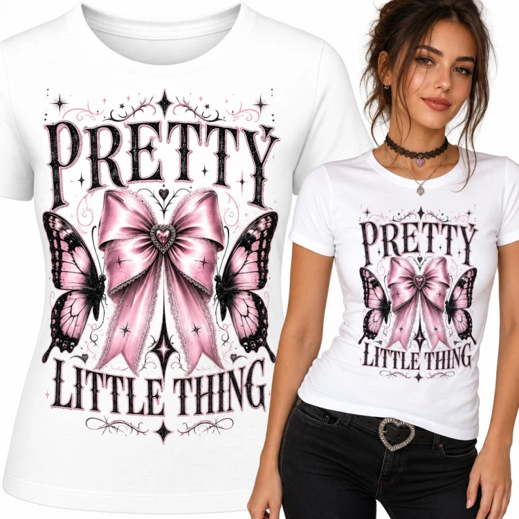 Koszulka damska „Pretty little thing” - różowa kokarda i motyle
