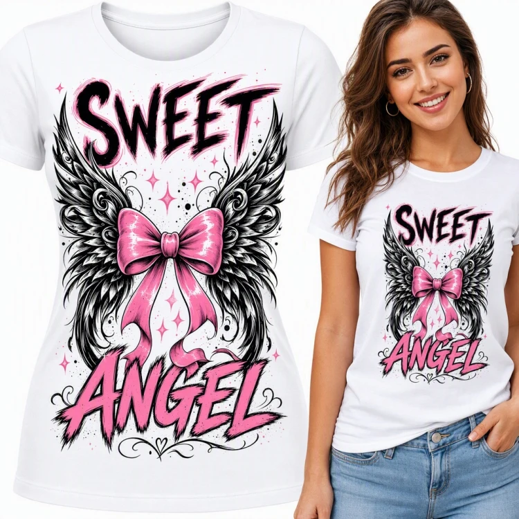 Koszulka damska „Sweet Angel” - różowa kokarda i czarne skrzydła anioła