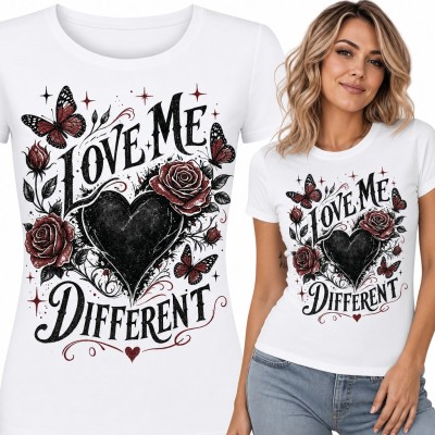 Koszulka damska „Love Me Different” - czarne serce z różami i motylami