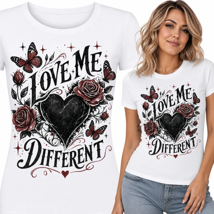 Koszulka damska „Love Me Different” - czarne serce z różami i motylami