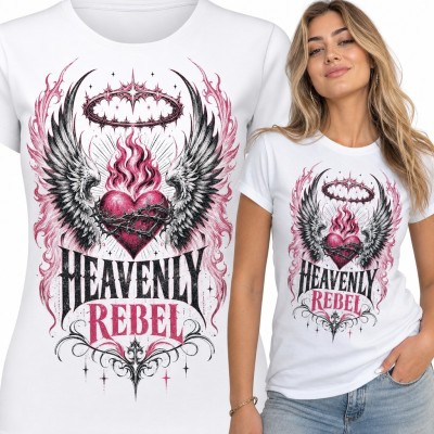 Koszulka damska „Heavenly Rebel” - płonące serce ze skrzydłami i aureolą