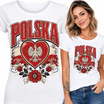 Koszulka damska „Polska” - orzeł w sercu i ludowe kwiaty