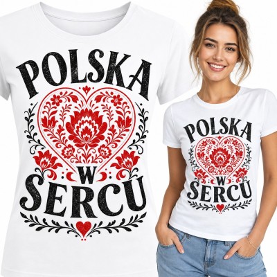 Koszulka damska „Polska w sercu” - folkowe serce z ludowymi kwiatami