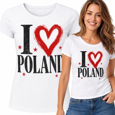 Koszulka damska „I ♥ Poland” - czerwone serce i gwiazdki