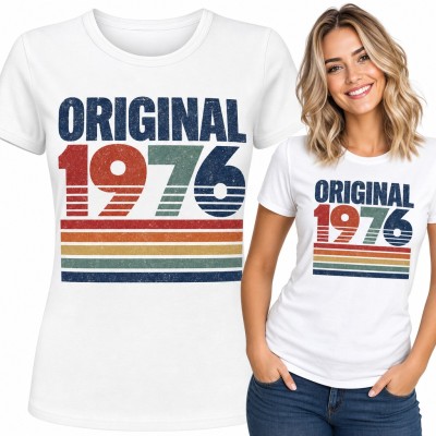 Koszulka damska na 50 urodziny „Original 1976” - retro tęczowe paski