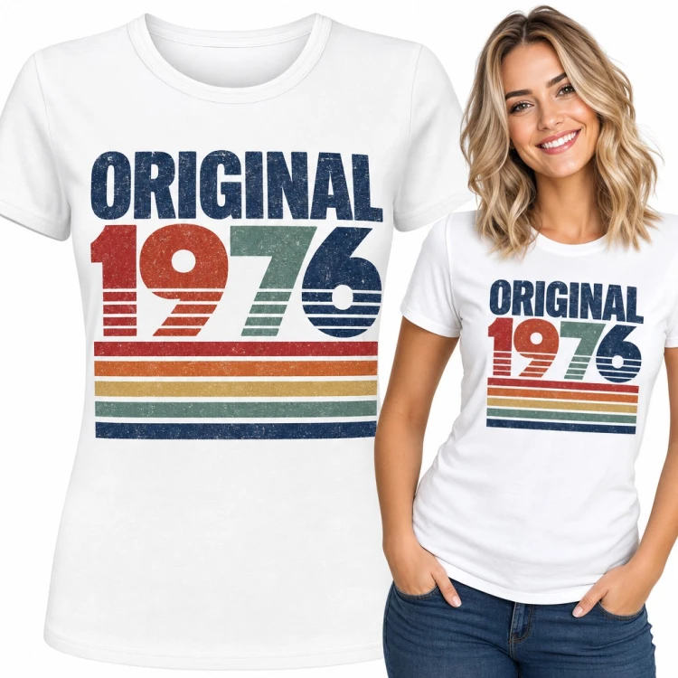 Koszulka damska na 50 urodziny „Original 1976” - retro tęczowe paski