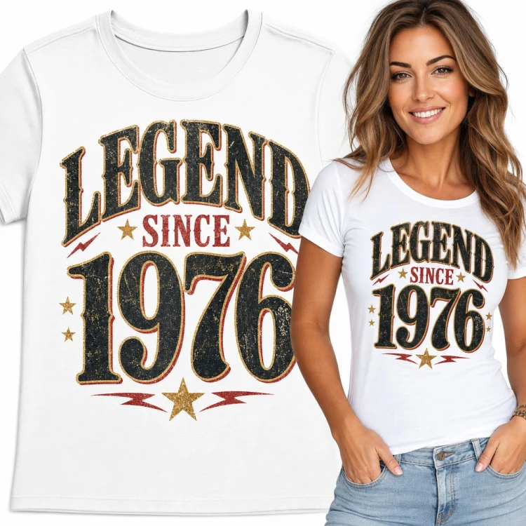 Koszulka damska na 50 urodziny „Legend since 1976” - retro napis z gwiazdami