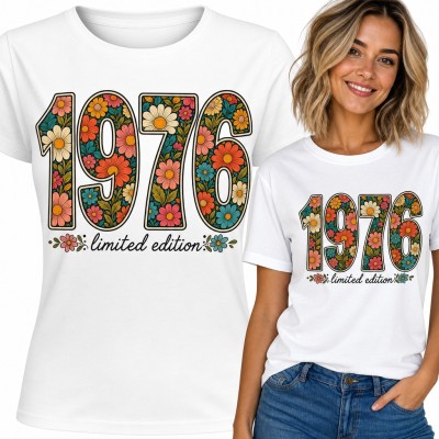 Koszulka damska na 50 urodziny „1976 limited edition” w kwiaty retro