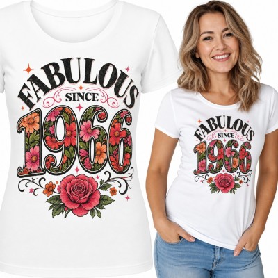 Koszulka damska „Fabulous since 1966” na 60 urodziny - kwiatowe cyfry z różą