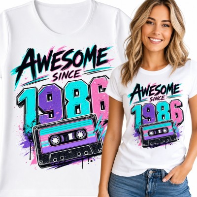 Koszulka damska na 40 urodziny „Awesome since 1986” z retro kasetą