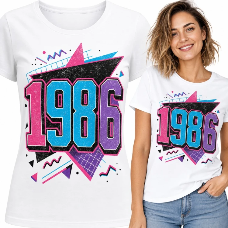 Koszulka damska na 40 urodziny „1986” - rocznik w stylu lat 80