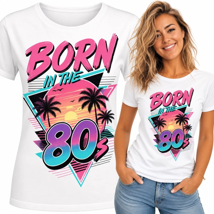 Koszulka damska „Born in the 80s” - retro zachód słońca z palmami