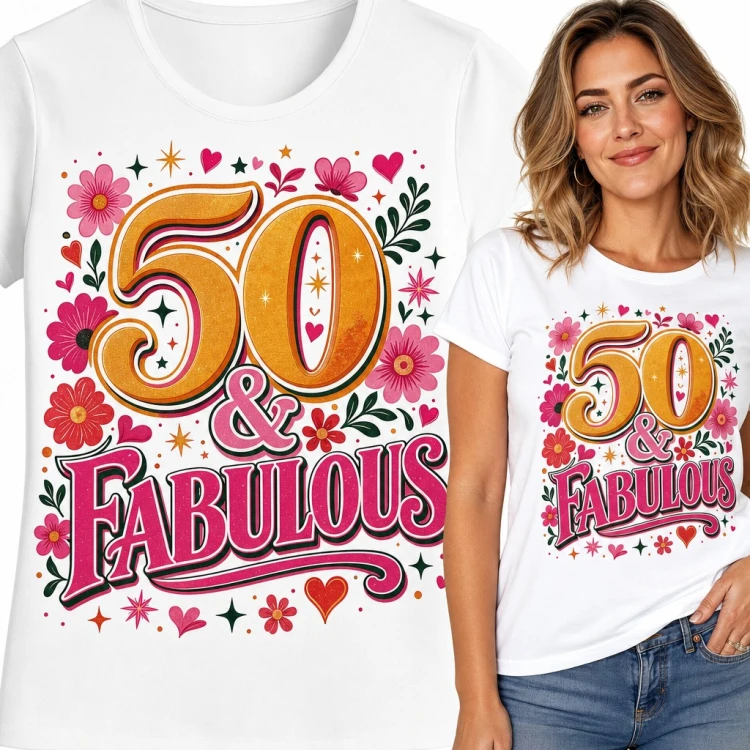 Koszulka damska na 50 urodziny „50 & Fabulous” - kwiaty i serduszka