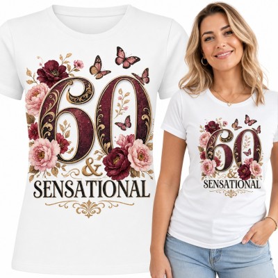 Koszulka damska na 60 urodziny „60 & Sensational” z piwoniami i motylami