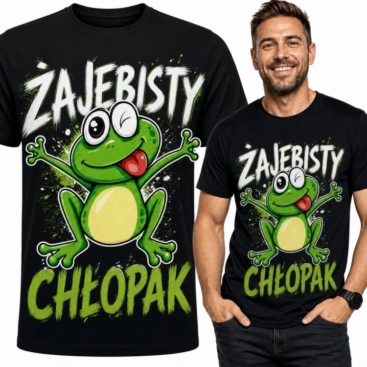 Koszulka męska „Zajebisty chłopak” z żabą i akcentami graffiti