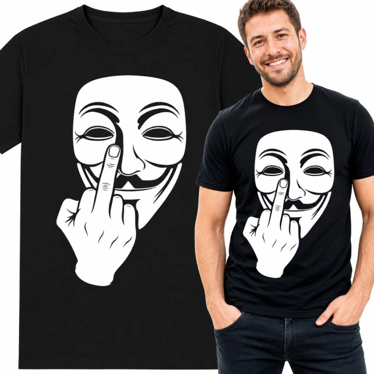 Koszulka męska z maską Guy Fawkesa i gestem środkowego palca - buntowniczy wzór