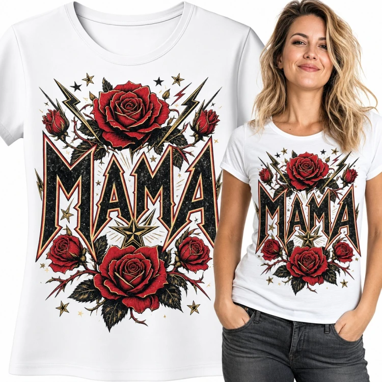 Koszulka damska „Mama” w stylu rockowym - czerwone róże i błyskawice
